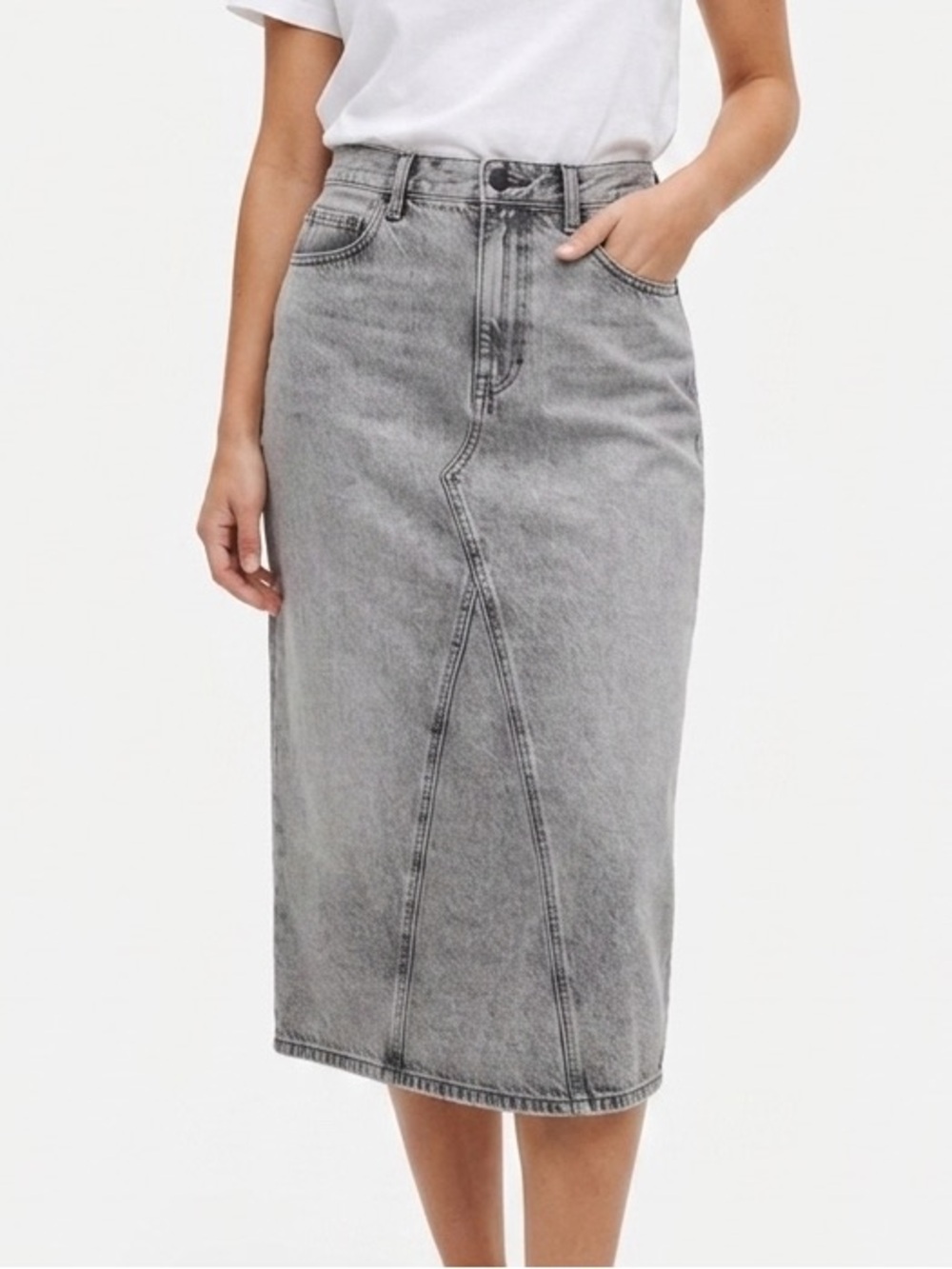 UNIQLO Grey Vintage Wash Denim Jean Midi Skirt A-line Pockets Size 10